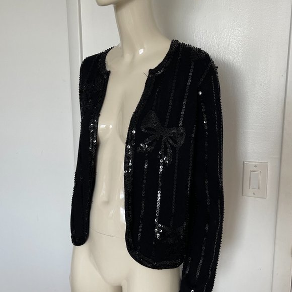 Ladies black jacket with black sequins, with front hooks, sz MED - Picture 4 of 16